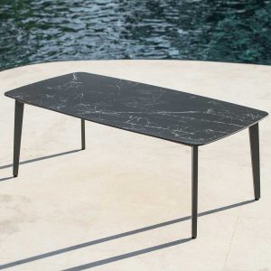 Ritz aluminium garden table is a chic ceramic dining table in durable outdoor table materials by Jati & Kebon designer outdoor table company.