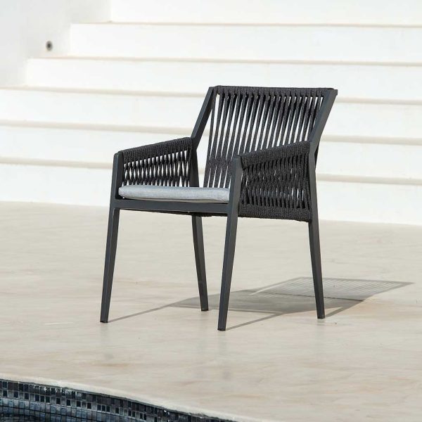 Image of Ritz charcoal colored garden chair with woven Polyolefin rope seat, back and arms by Jati & Kebon