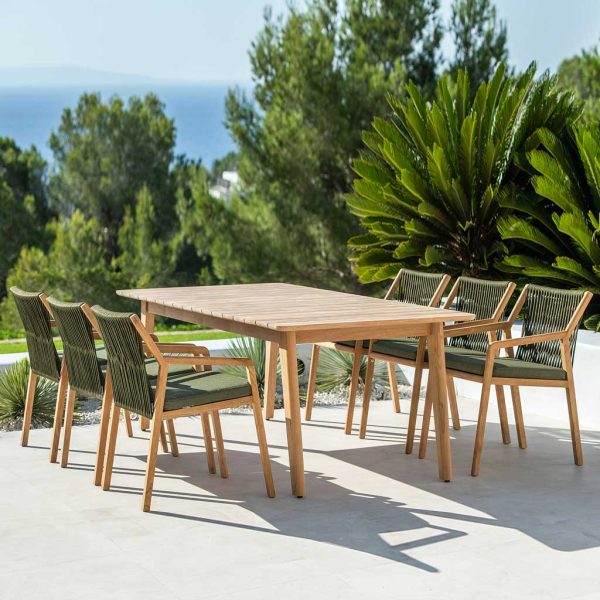 Image of Ritz teak dining set features teak chairs with khaki Polyolefin belt seat and back