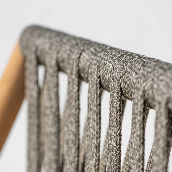 Image of detail of Ritz teak armchair's taupe coloured polyolefin woven back and seat