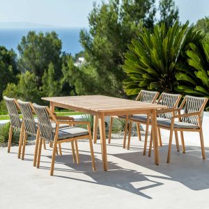 Image of Ritz modern teak table and dining chairs with Taupe Polyolefin belt seat and back