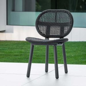 Image of Skate modern garden chair with black tubular frame and black polyolefin woven seat & back by Jati & Kebon
