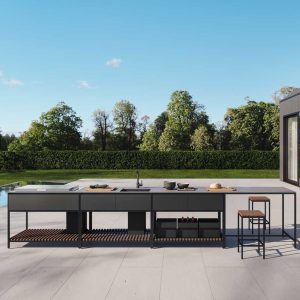 Ticino Frame outdoor kitchen & modular BBQ furniture in luxury garden kitchen materials by Conmoto minimalist garden furniture, Germany.