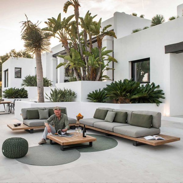 Truro Lounge teak sofa is trendsetting outdoor furniture in luxury garden sofa materials by Jati & Kebon sustainable garden furniture company