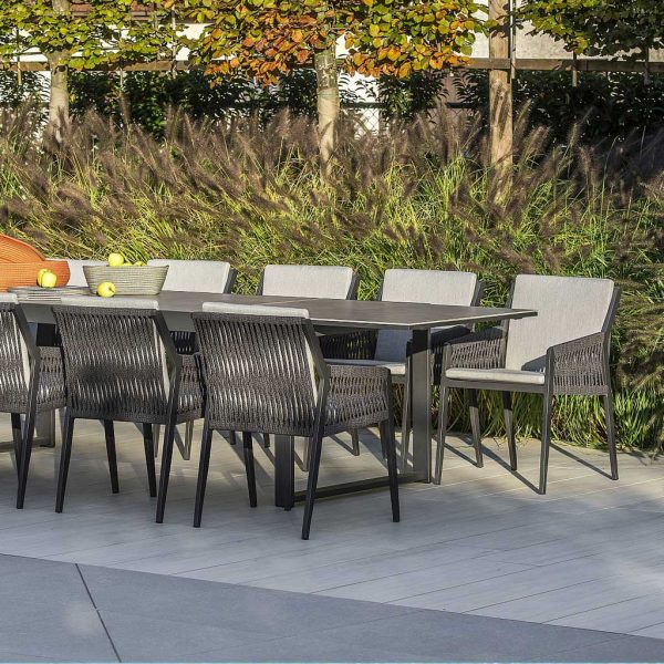 Image of Vigo XL modern extending garden table and Ritz dining chairs on terrace with architectural grasses in the background