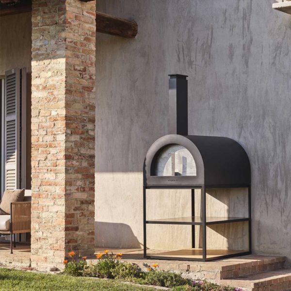 Image of anthracite coloured outdoor pizza oven with shelves below by Roshults, Sweden