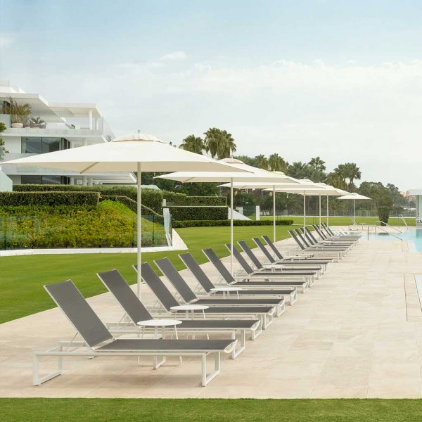 Image of long straight row of multiple Gibara white sun loungers beneath parasols on hotel poolside