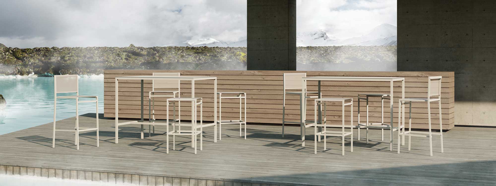 Image of Oiside 45 minimalist bar furniture on wooden decked poolside with snowy mountains in the background