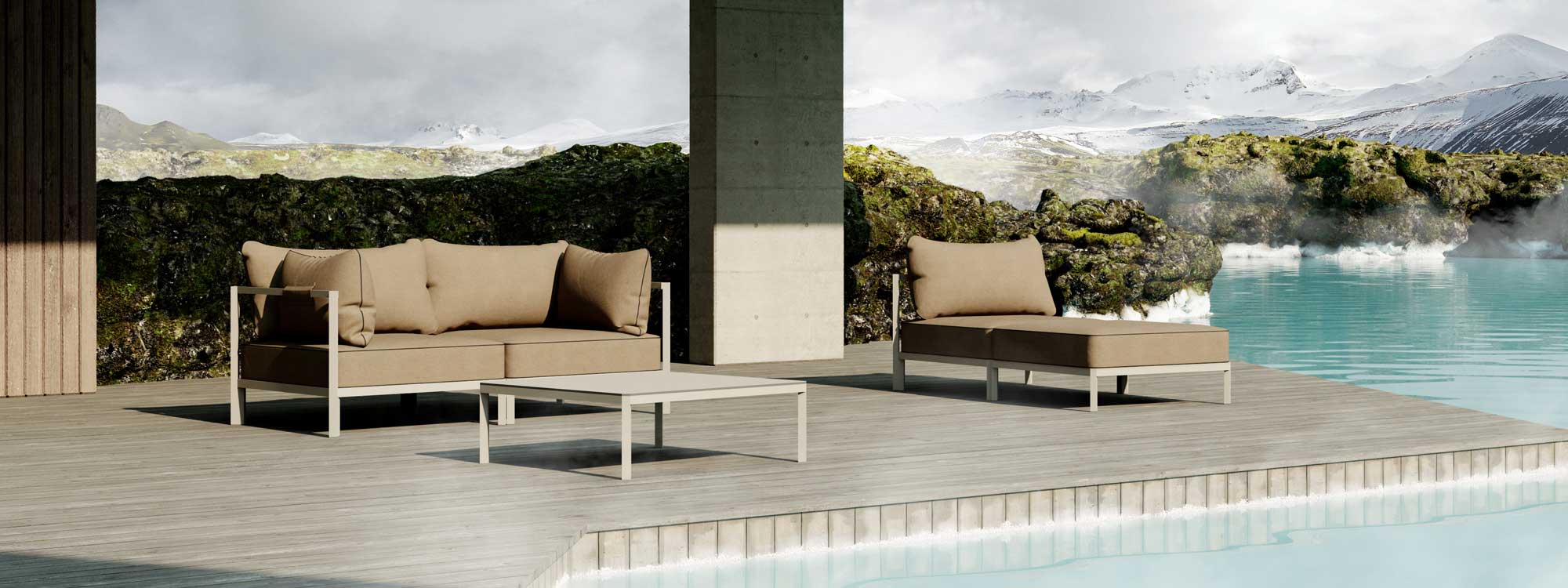 Image of Oiside 45 2 seater garden sofa and chaise longue with timeless linear design, shown on poolside with snowy mountains in the background