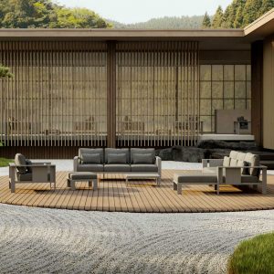 Image of Beam architectural garden lounge furniture by Oiside, shown on circular wooden decking surrounded by Japanese garden