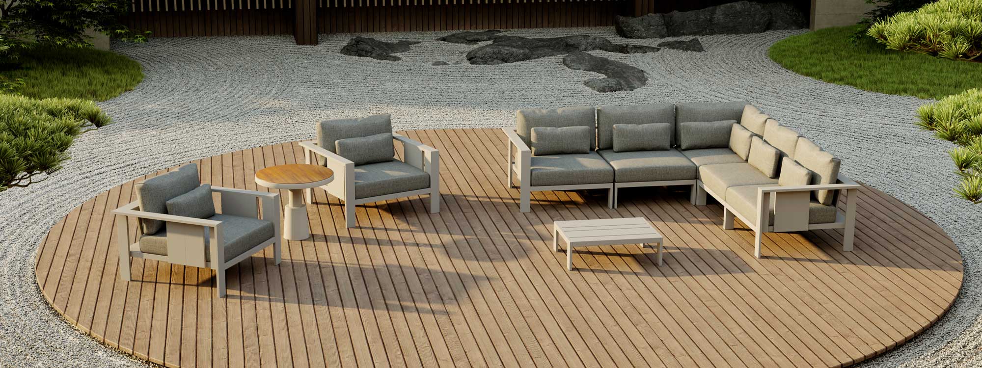 Image of Oiside Beam aluminium corner sofa and lounge chairs on circular wooden deck, surrounded by Japanese garden