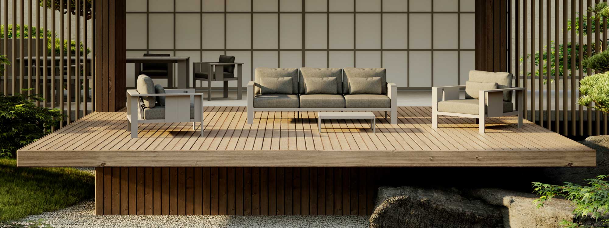 Image of Oiside Beam architectural garden sofa and lounge chairs by Francesc Rifé, shown on raised wooden deck with traditional Japanese wooden structure and screens in background