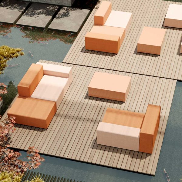 Image of aerial view of Oiside Elements outdoor lounge furniture on linear wooden decking, surrounded by tranquil water garden and stepping stones