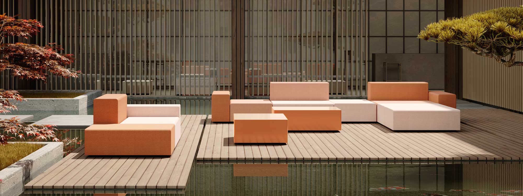 Image of Elements minimalist garden sofa on decking hovering just above the water within a Japanese garden