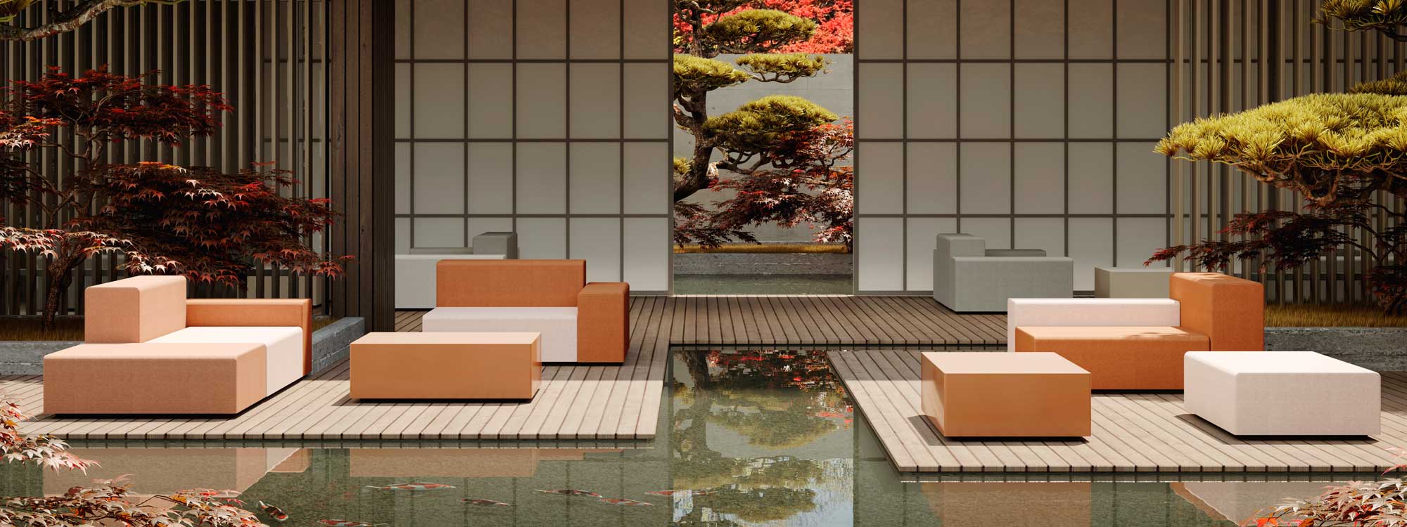 Image of 2 Elements modular garden sofas on wooden decks, hovering just above water, with cloud pruned fir trees, acer trees and Japanese screen in background