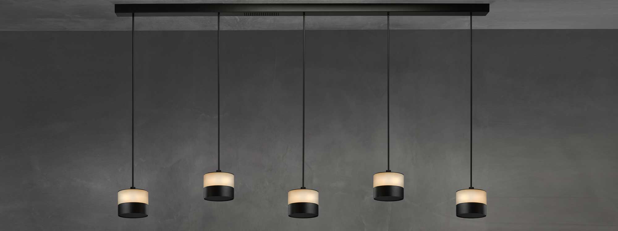 Image of row of 5 ceiling mounted Glow pendant outdoor heaters and lights in Midnight black by Heatsail