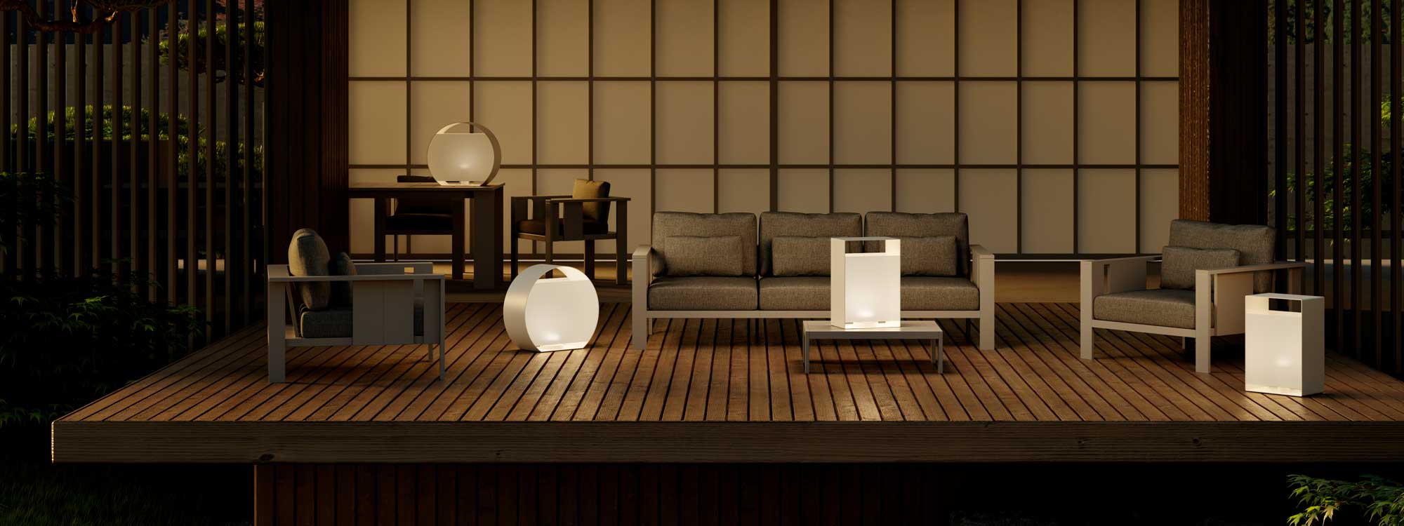 Image of OicCandles R geometric garden lanterns, shown on and around Beam minimalist outdoor lounge furniture on traditional Japanese-style wooden veranda
