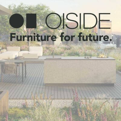 Image of Oiside furniture logo superimposed over image of OiCook outdoor kitchen