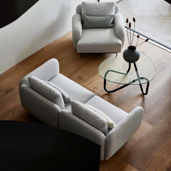 Image of aerial view of Aura modern 2 seater sofa and lounge chair in Light-Grey Cane-line Ambience fabric, with black rattan coffee table in the centre