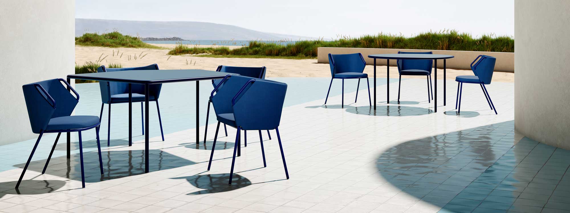 Image of Violet modern outdoor tables and chairs on chiringuito terrace with dunes, beach and sea in the background