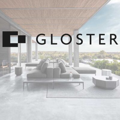 Image of Gloster furniture logo superimposed over image of garden sofa