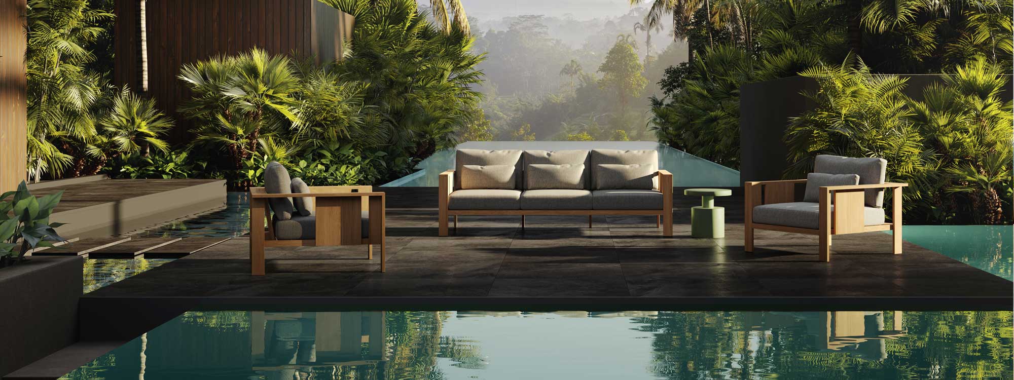Image of Beam linear garden sofa and lounge chairs in FSC iroko hardwood by Oiside furniture for the future, Spain