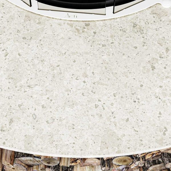 Image of detail of Bianco greco ceramic used for AK47 Zero fire pit's top surround