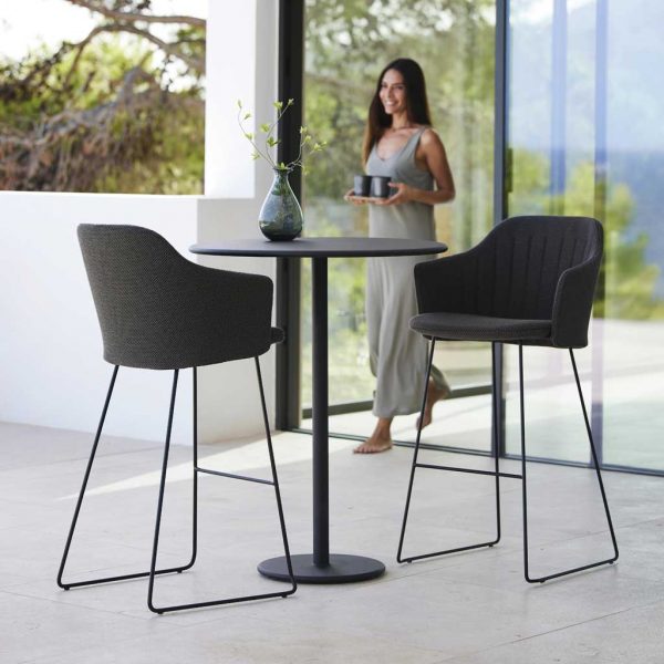 Image of Choice minimalist garden bar chairs and Go pedestal poseur table by Cane-line