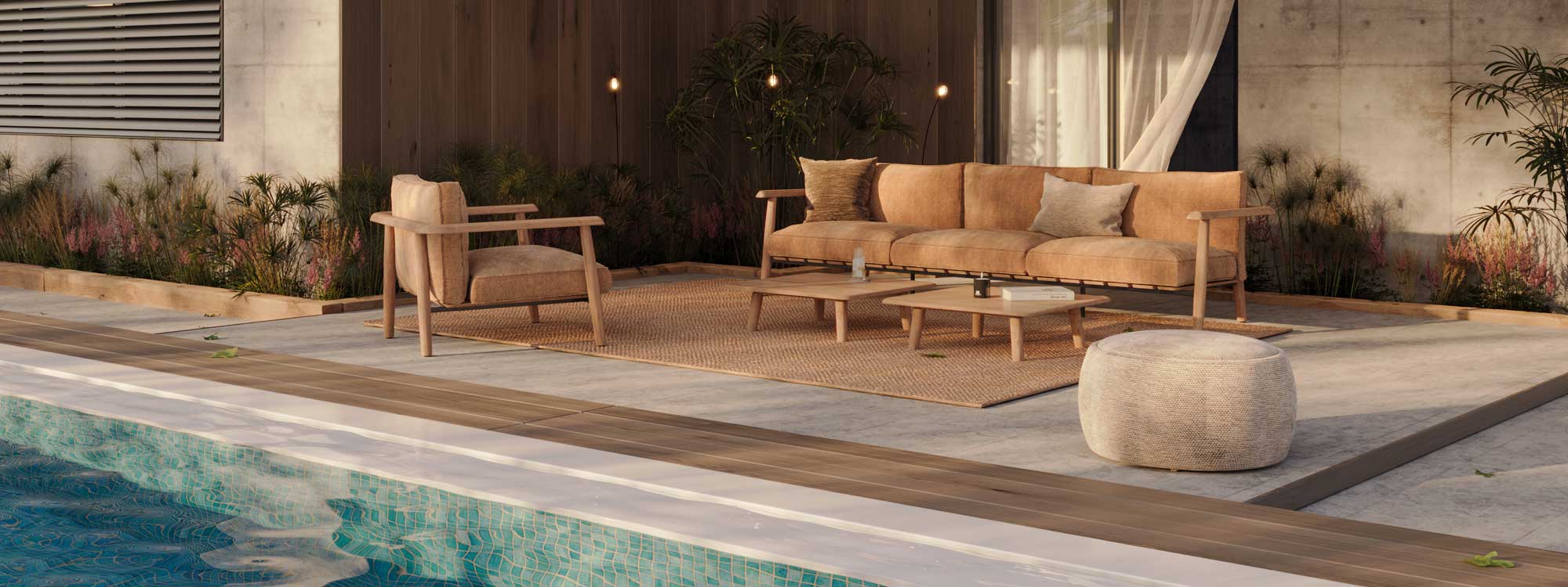 Image of Royal Botania Mambo 3 seat teak garden sofa and lounge chair with plump brown cushions on minimalist poolside