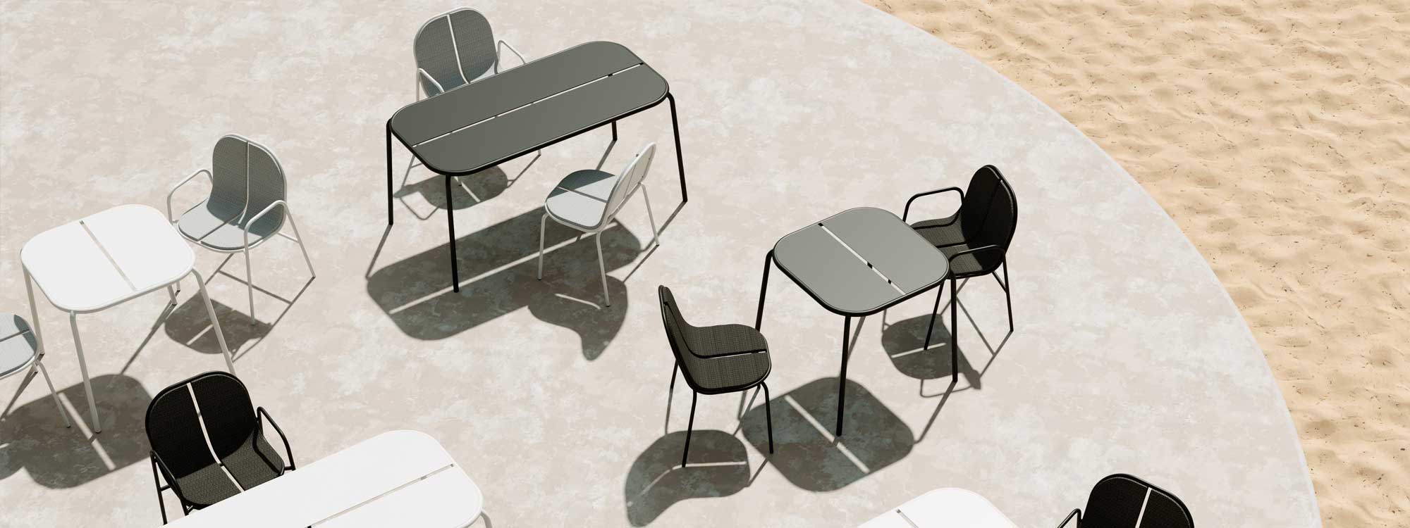 Image of birdseye view of Oiside Parc outdoor dining sets in black and white aluminium, shown on sunny terrace