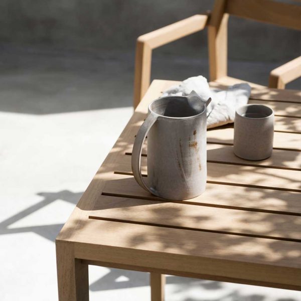 Image of detail of Zania outdoor hospitality table's iroko planks and frame by RODA