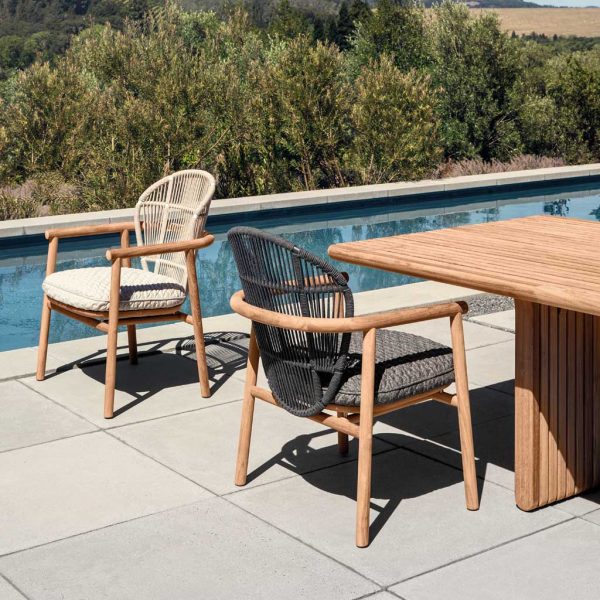 Image of Gloster Fern garden chairs and Deck minimalist teak table on sunny poolside