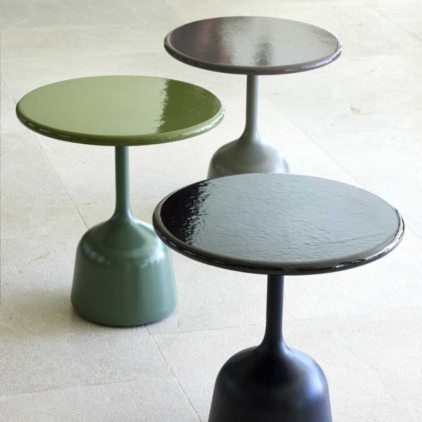 Image of 3 Glaze round garden side tables with glazed lava stone tops by Cane-line