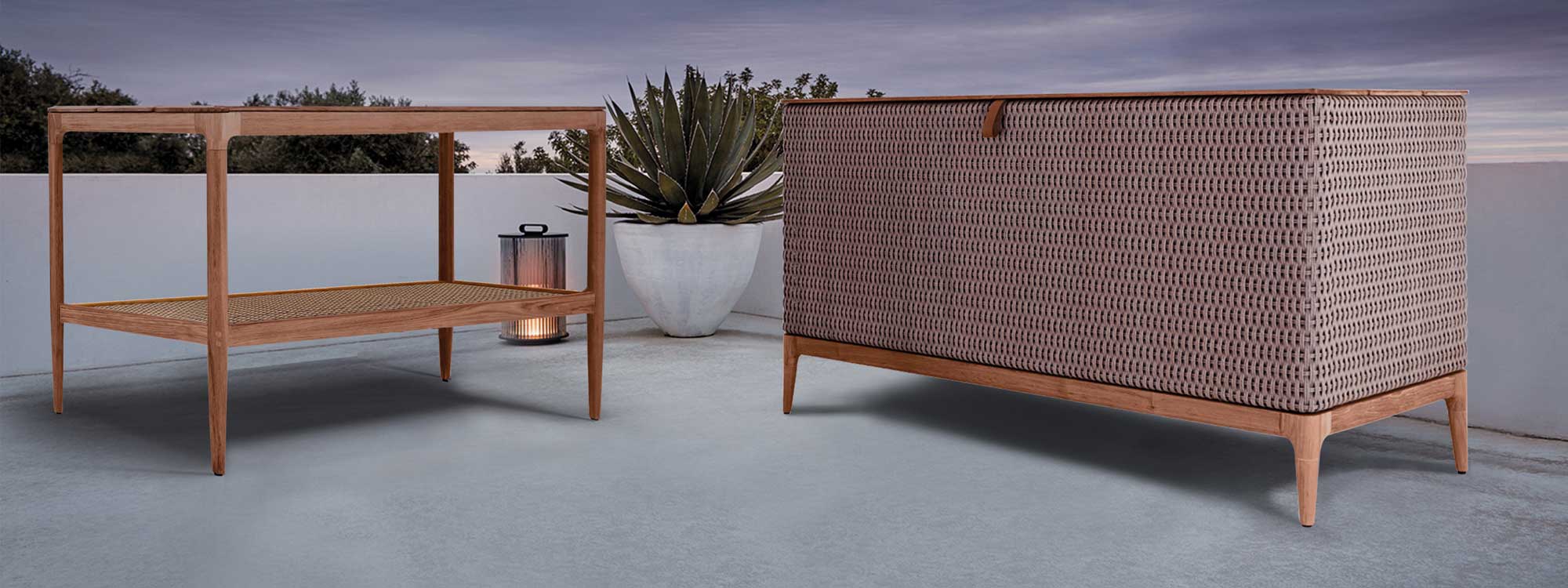 Image of Gloster Lima outdoor cushion box next to Lima sideboard