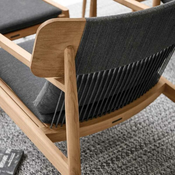 Image of detail of Raven-coloured all-weather rope back of Archi teak lounge chair by Gloster