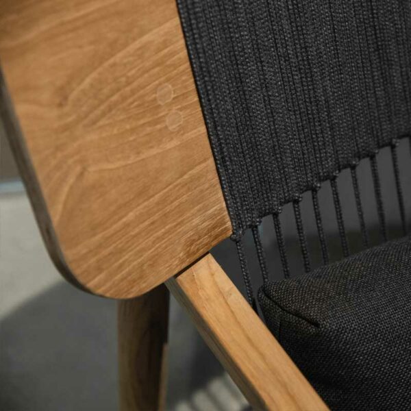 Image of curved teak back rest and Raven coloured all-weather rope from Archi contemporary garden lounge chair