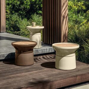 Image of different sizes and finishes of Gloster Coso ceramic outdoor low tables