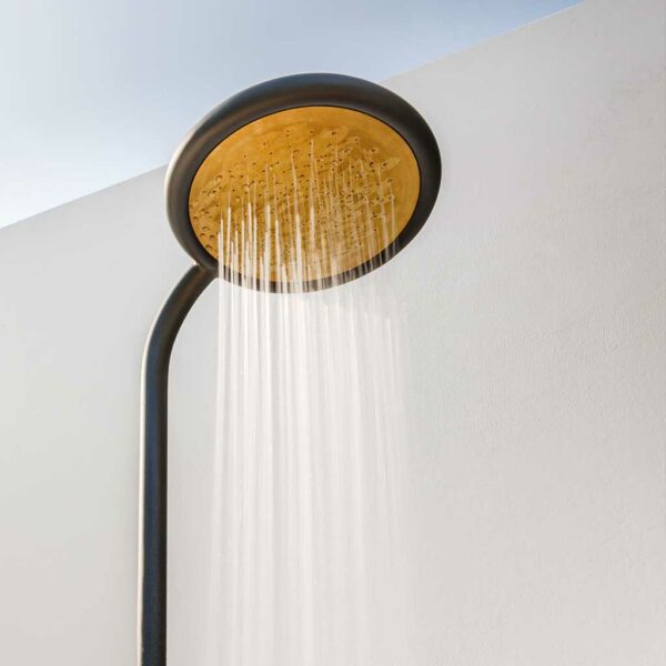Image of Gloster garden shower head in polished brass-effect stainless steel and Meteor-coloured tubular aluminum frame