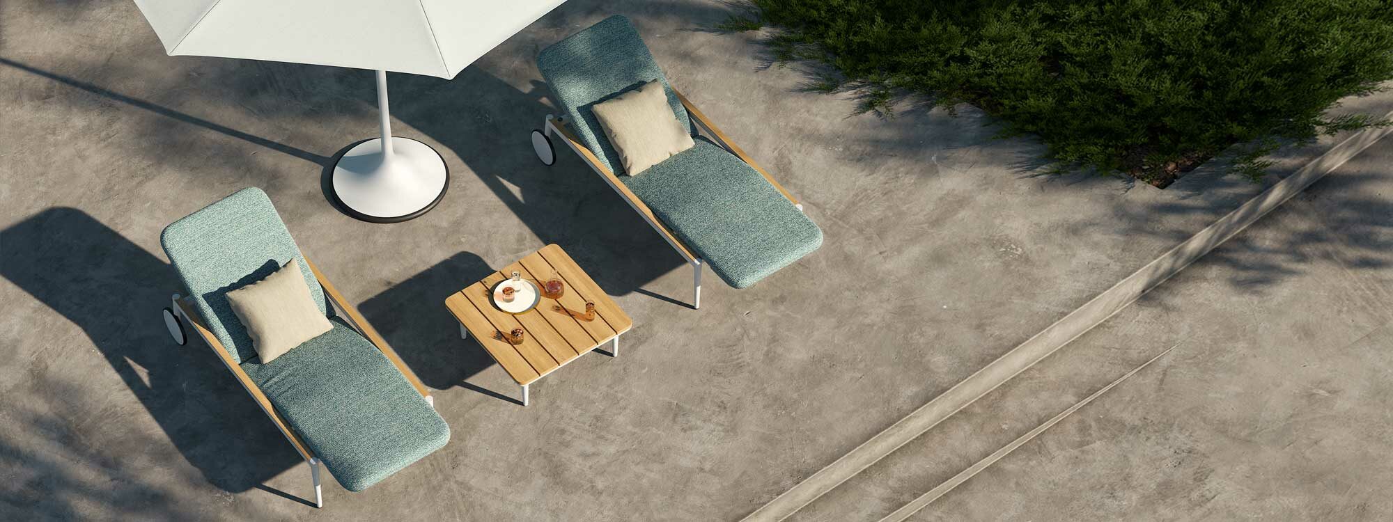 Image of aerial view of Styletto white sun loungers with blue cushions next to Palma parasol, by Royal Botania