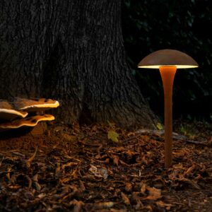 Nighttime image of Royal Botania Fungy garden light in rusted iron, next to illuminated funghi growing from tree trunk