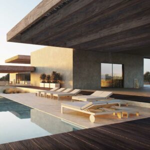 Image of Vondom Posidonia minimalist sun loungers next to still waters of swimming pool