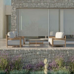 Image of Oiside Natura modern wooden garden sofa and chairs on raised terrace with flowerbed beneath