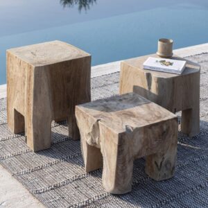 Image of 3 different sizes of Doblo teak side tables with raw contemporary design