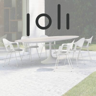 Image of Joli log superimposed over photo of Central elliptical garden table and chairs