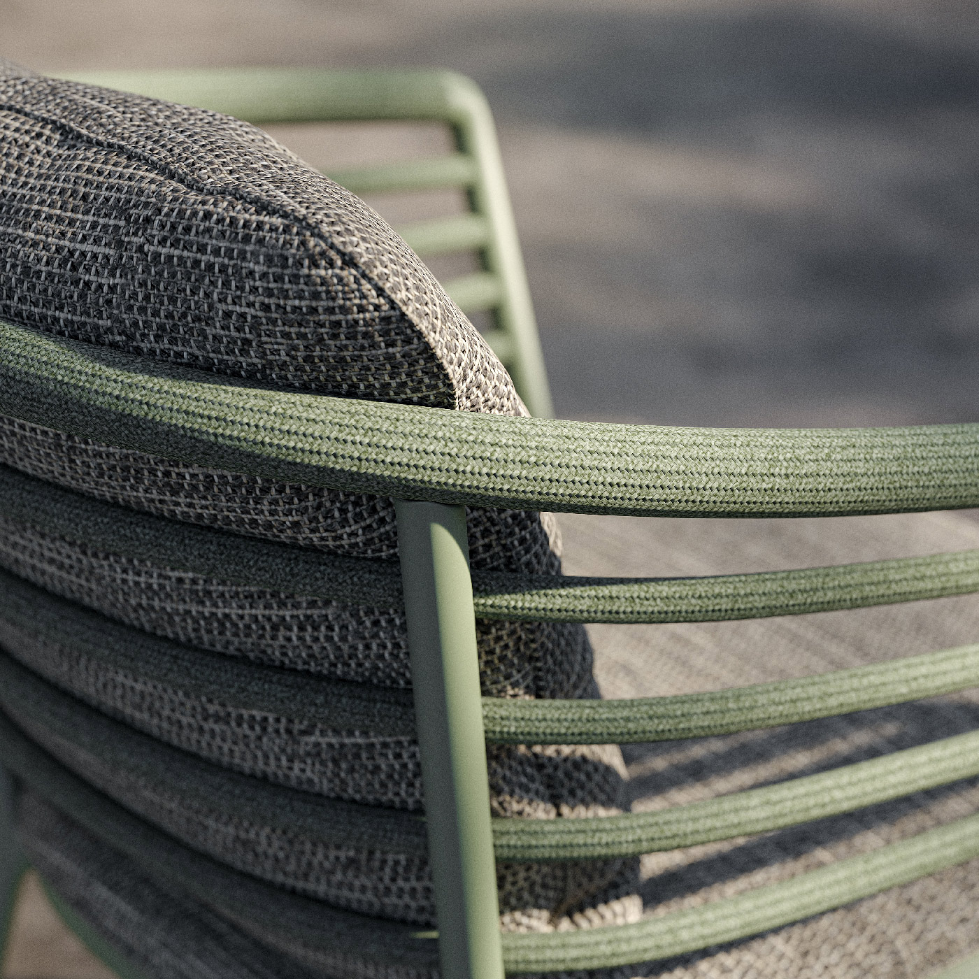 Image of detail of the bars of Archy garden chair's back, which are covered by Textilene sleave