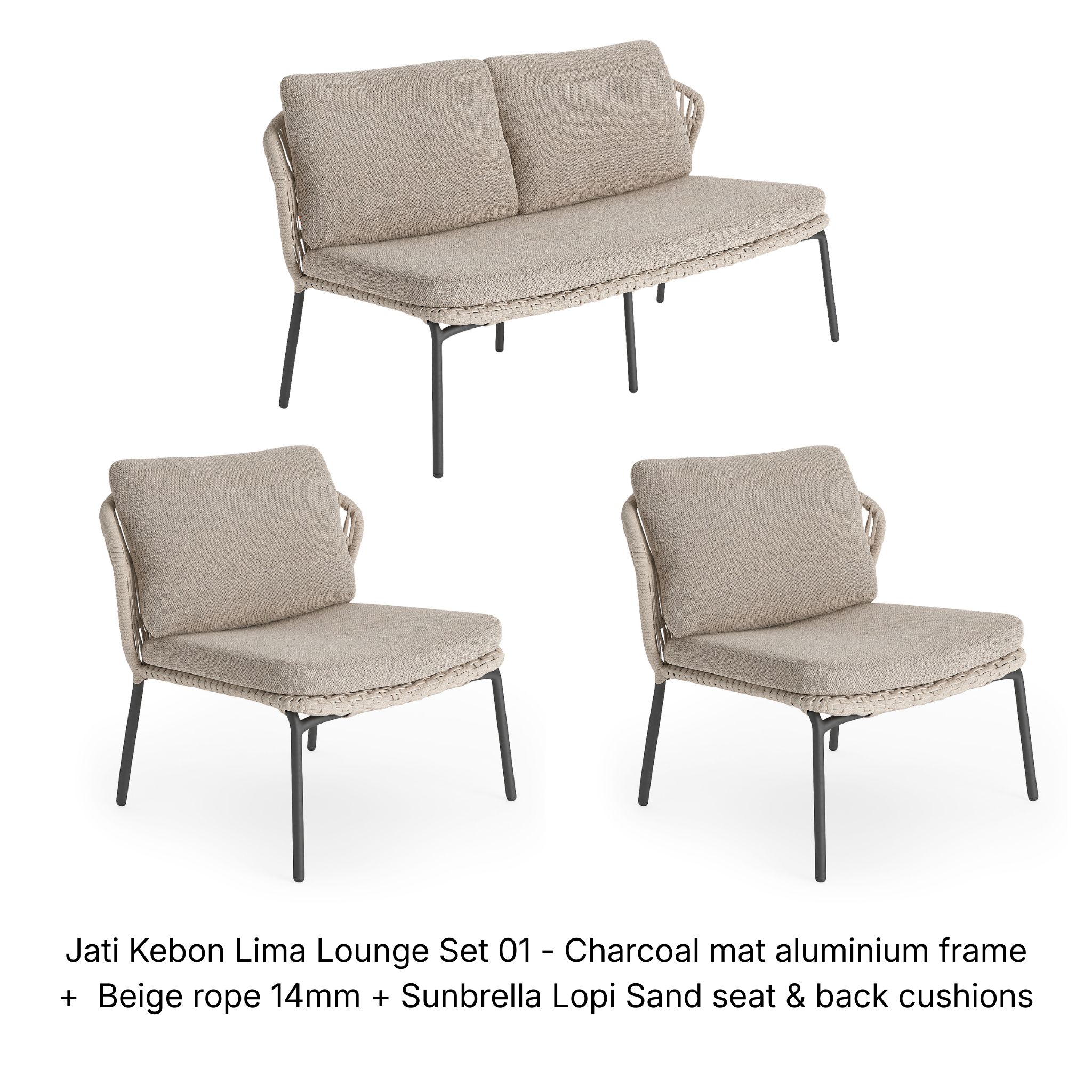 Jati Kebon Lima Lounge Set 01 - Charcoal mat aluminium frame + Beige rope 14mm + Sunbrella Lopi Sand seat & back cushions