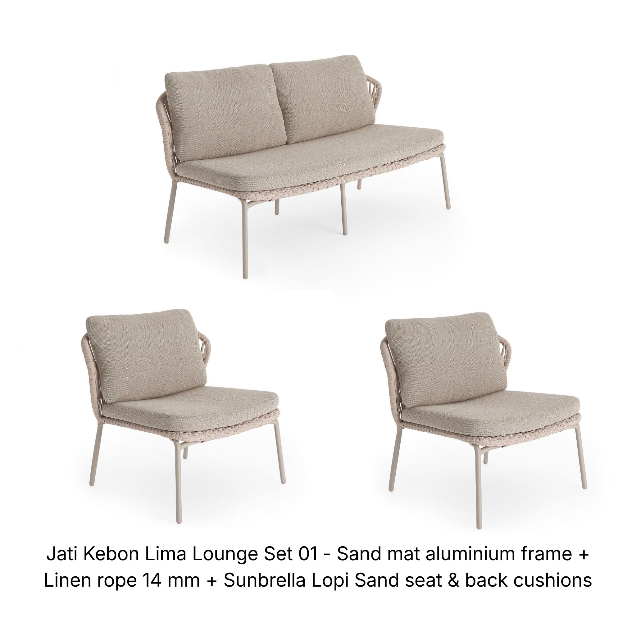 Jati Kebon Lima Lounge Set 01 - Sand mat aluminium frame + Linen rope 14 mm + Sunbrella Lopi Sand seat & back cushions