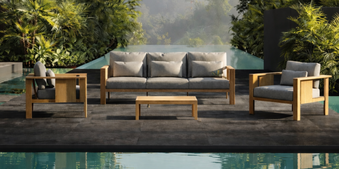 Image of Oiside Beam iroko lounge furniture with lush tropical backdrop