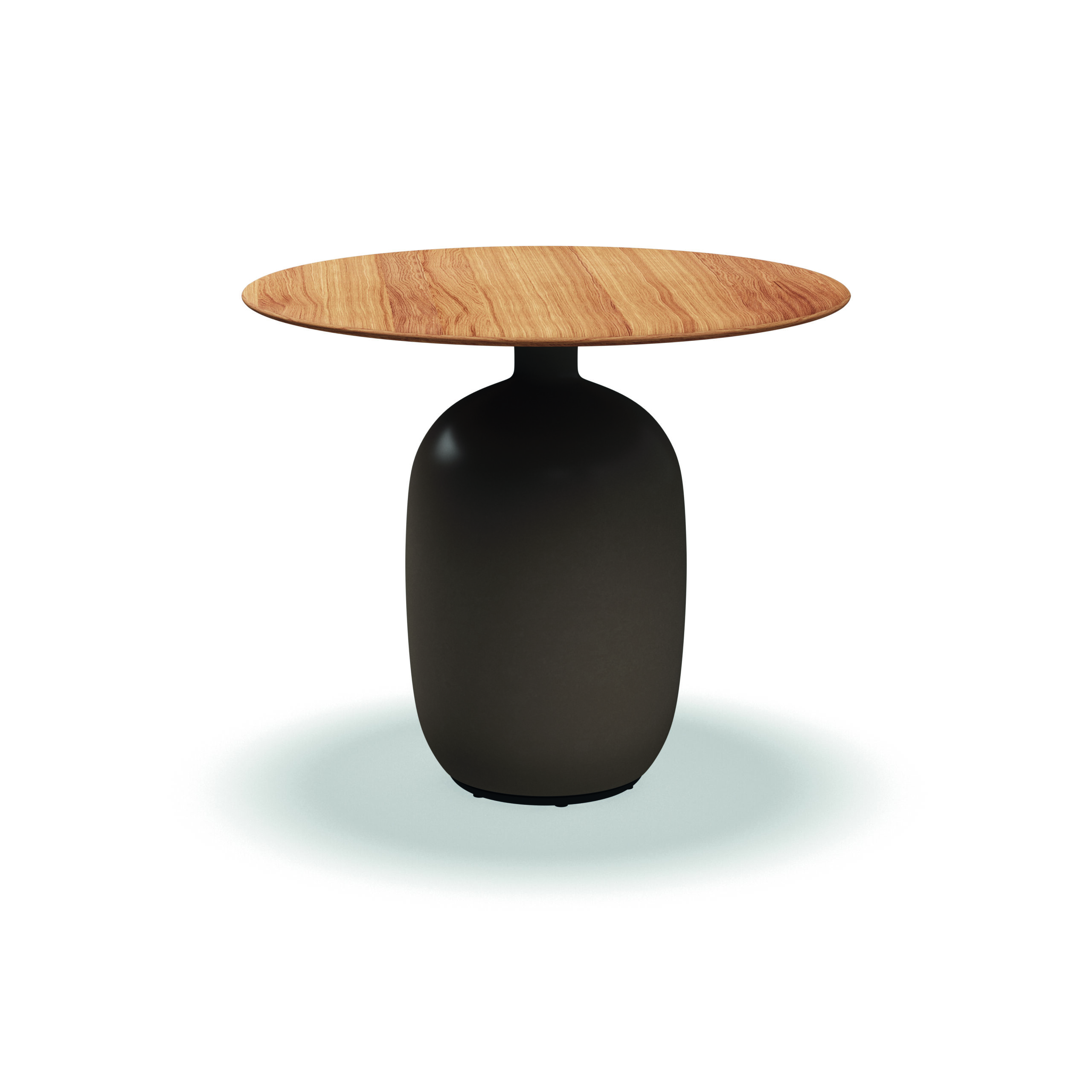 Studio image of Gloster Kasha dining table with earth coloured glazed base and teak table top