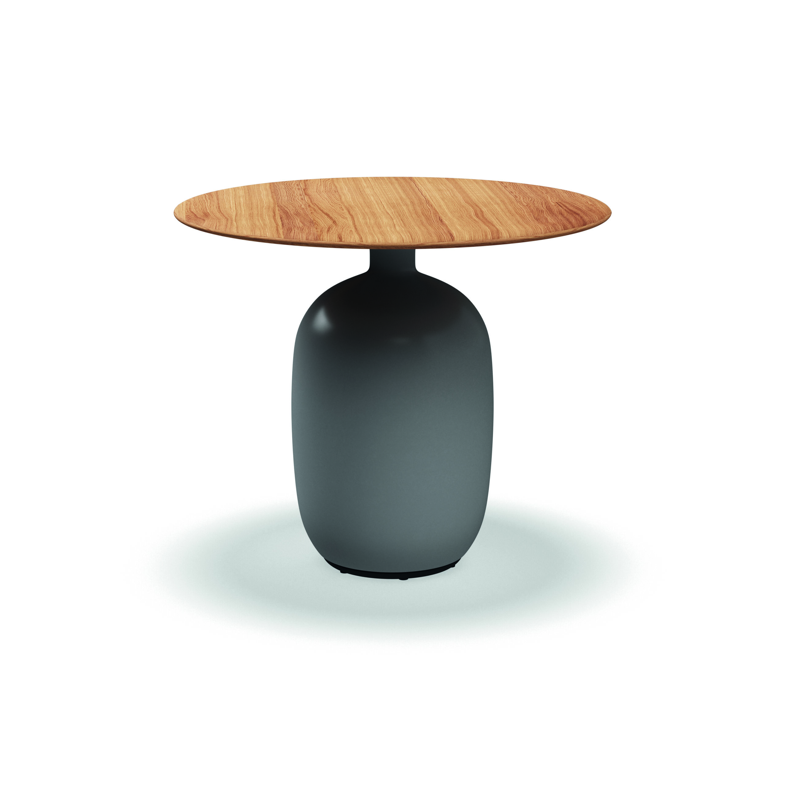 Studio image of Gloster Kasha dining table with iron coloured glazed ceramic base and teak table top